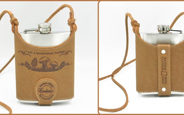 Souvenir leather drinks flask and glasses for mushroom pickers
