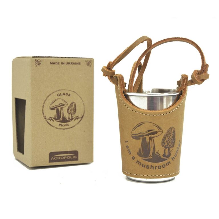 SHB-1g Souvenir Glass with Leather Case – I am a mushroom hunter, 150ml