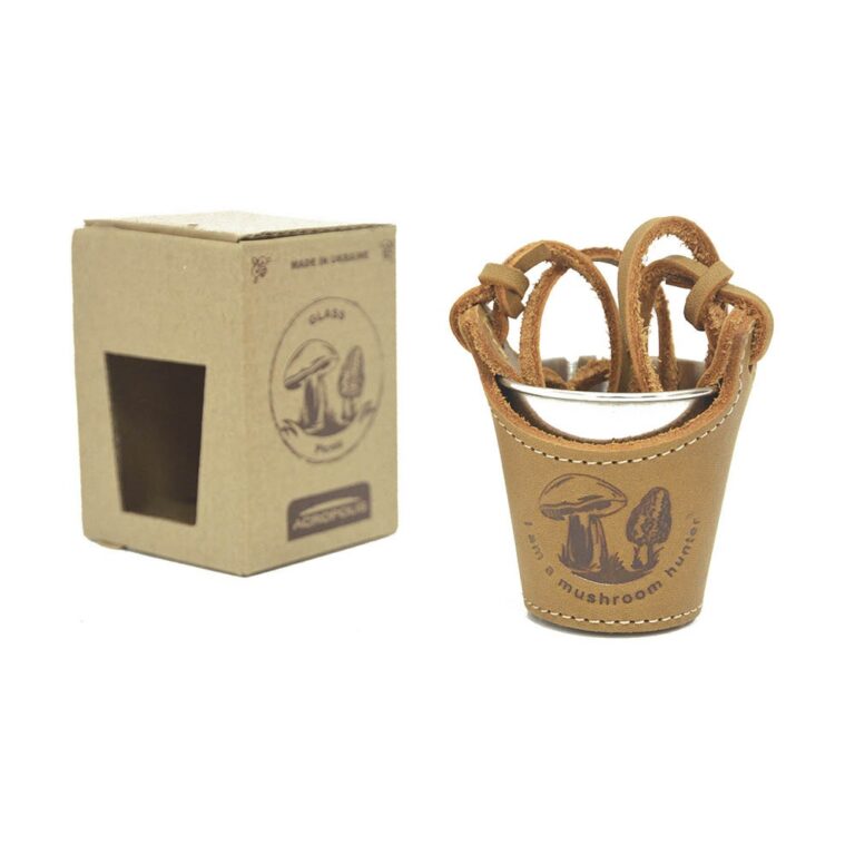 SHM-1g Souvenir Glass with Leather Case – I am a mushroom hunter, 70ml