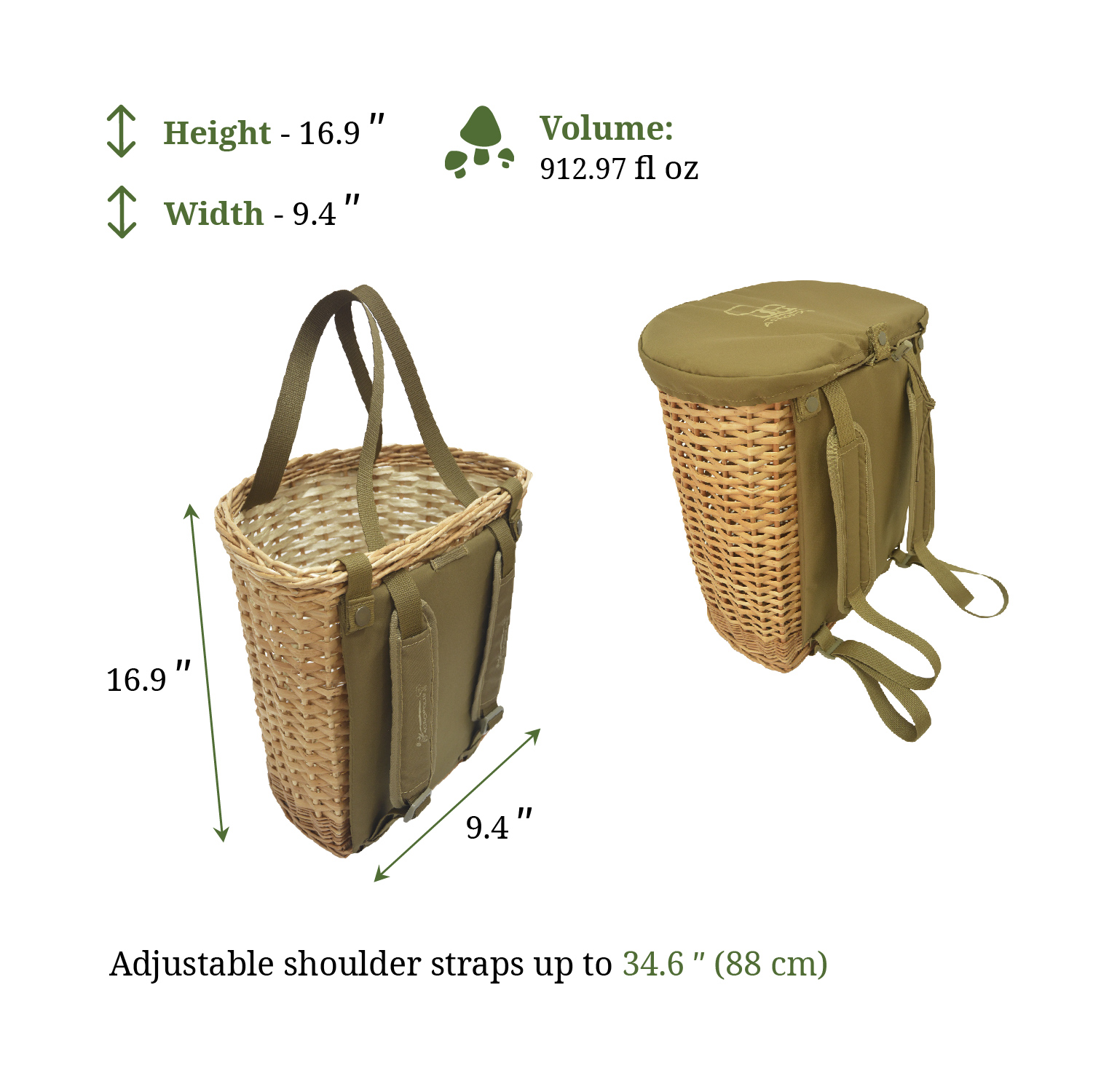 RNG-5 Mushroom Forager Wicker Basket -Backpack. Volume 27L