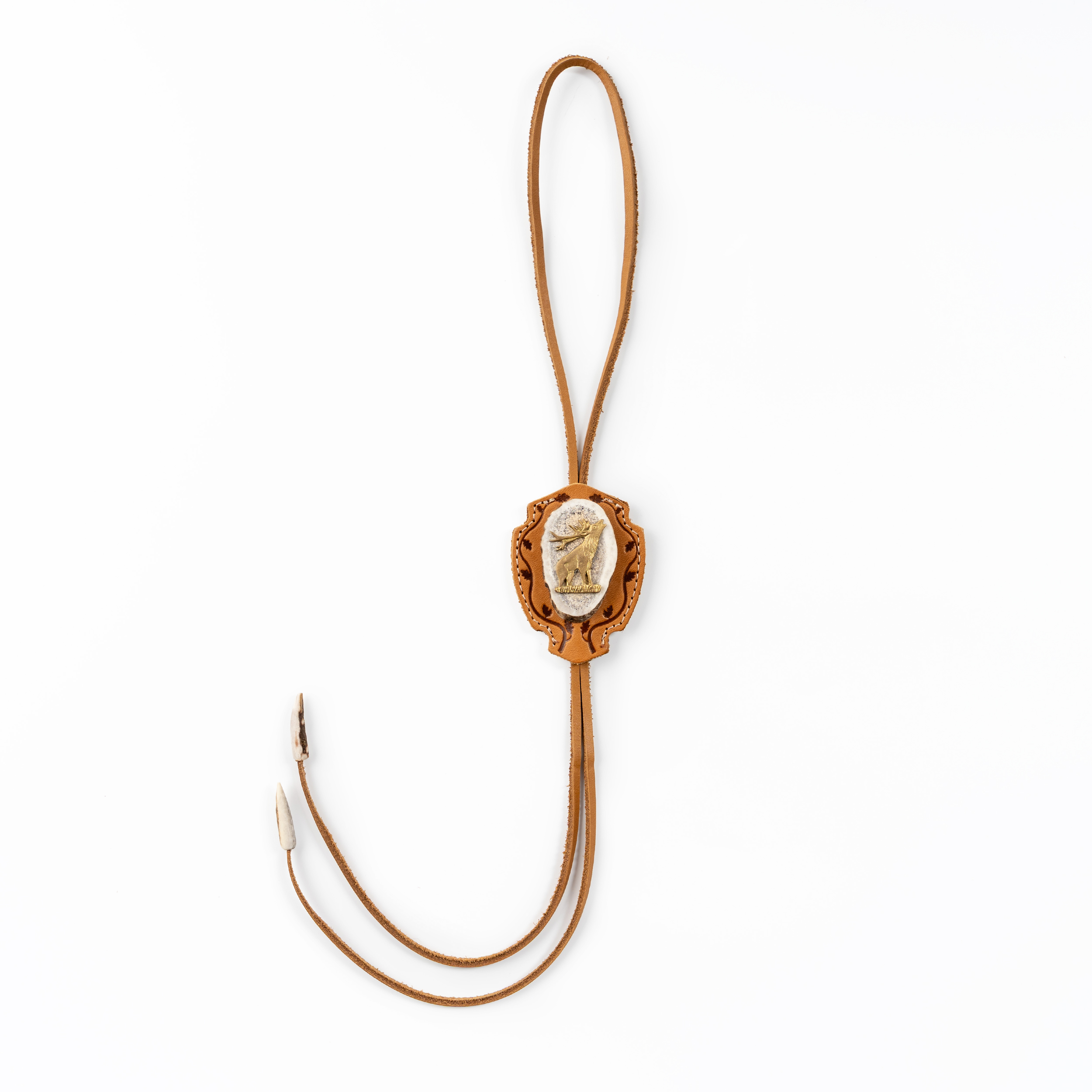 B1-Full-length Deer. Handmade Hunting Bolo Tie with Leather and Natural Horn