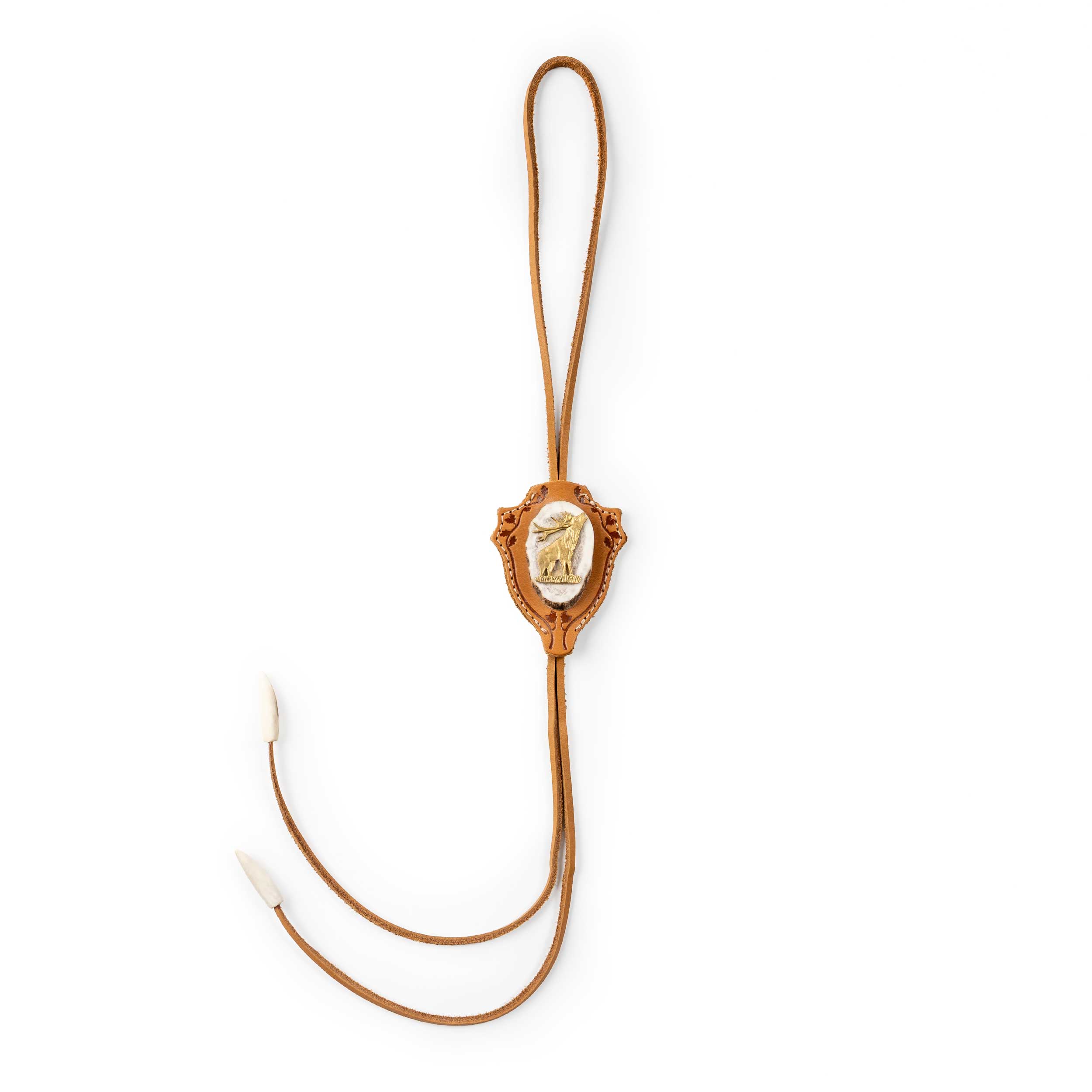 B2-Full-length Deer. Handmade Hunting Bolo Tie with Leather and Natural Horn
