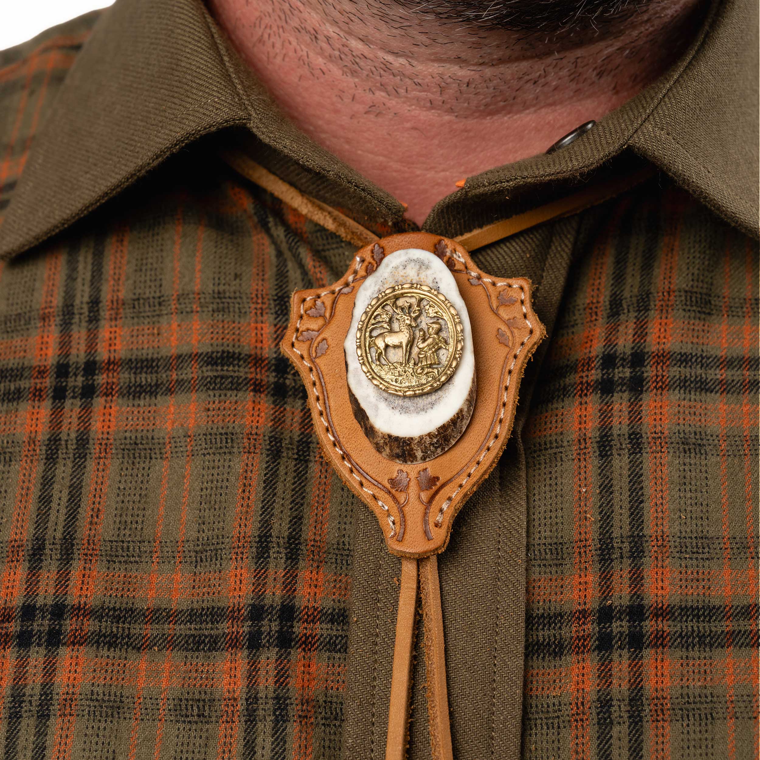 B2-st.Hubertus. Handmade Hunting Bolo Tie with Leather and Natural Horn
